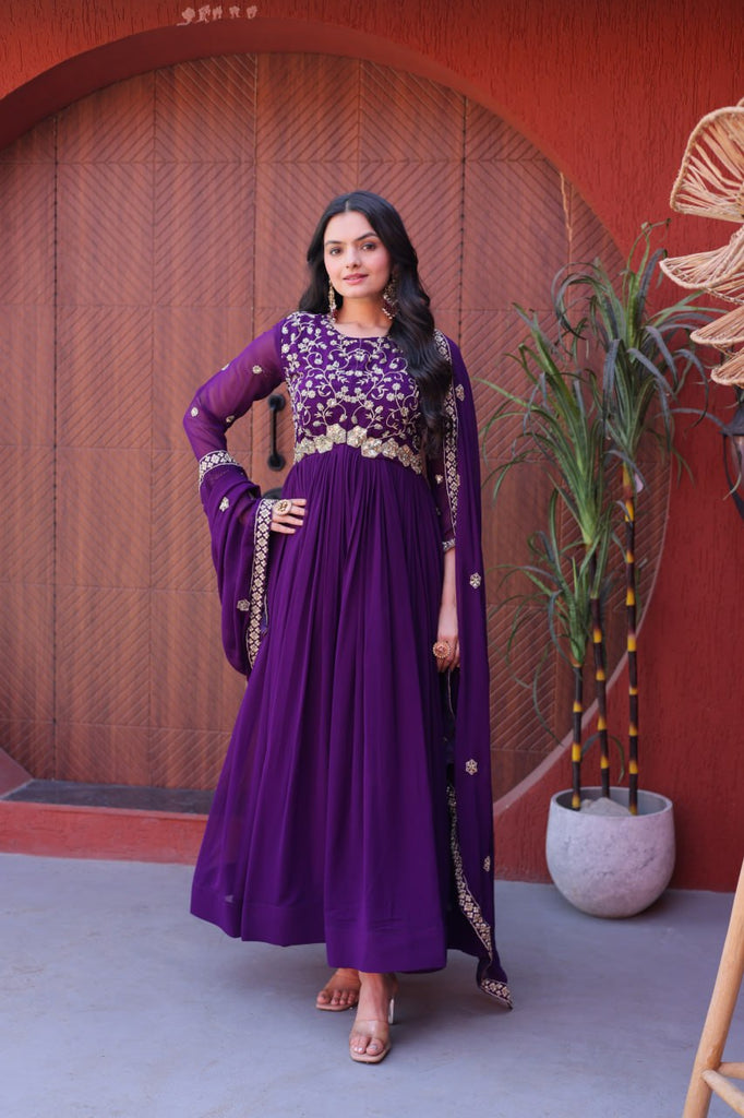 Purple Pipe Bead Embroidered Faux Blooming Gown with Dupatta
