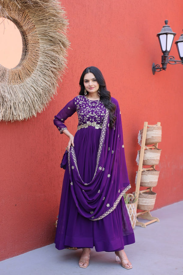 Purple Pipe Bead Embroidered Faux Blooming Gown with Dupatta