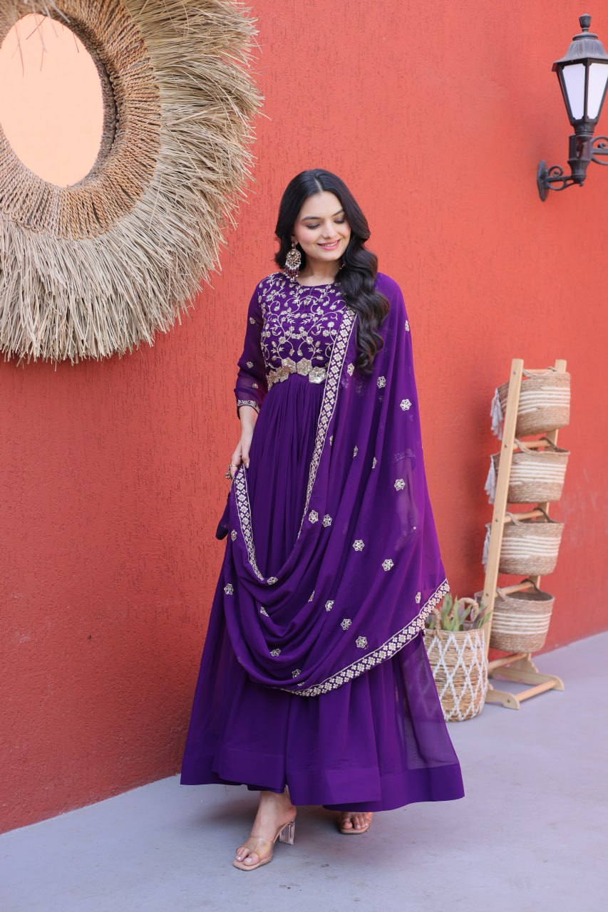 Purple Pipe Bead Embroidered Faux Blooming Gown with Dupatta