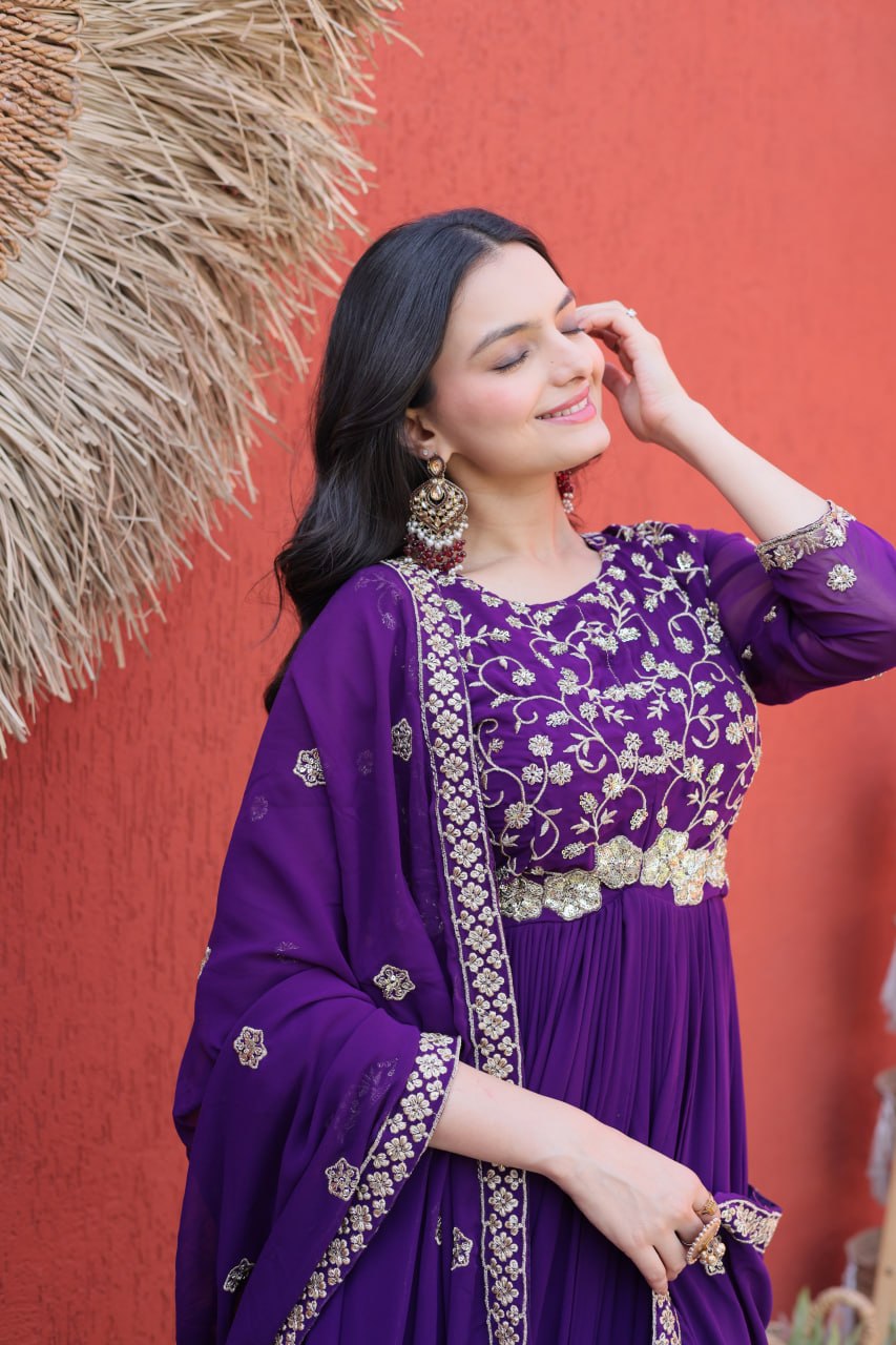 Purple Pipe Bead Embroidered Faux Blooming Gown with Dupatta