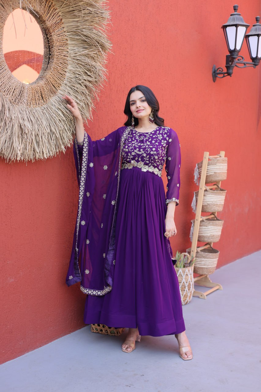 Purple Pipe Bead Embroidered Faux Blooming Gown with Dupatta