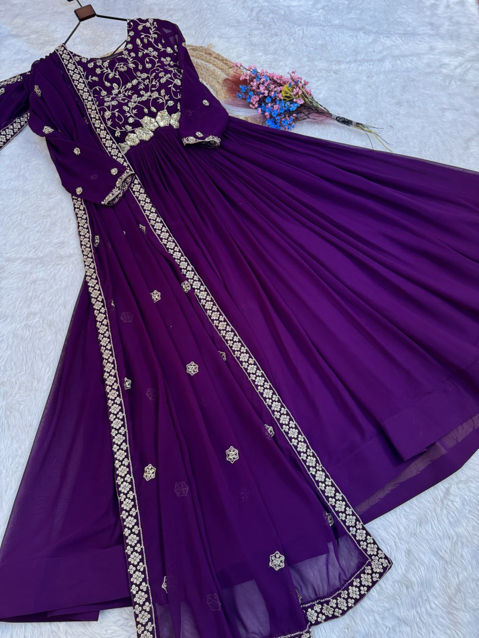 Purple Pipe Bead Embroidered Faux Blooming Gown with Dupatta