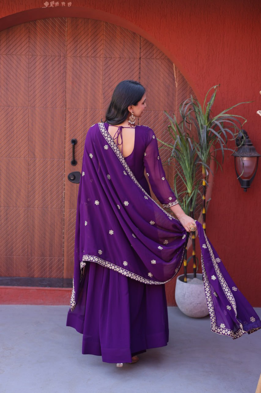 Purple Pipe Bead Embroidered Faux Blooming Gown with Dupatta