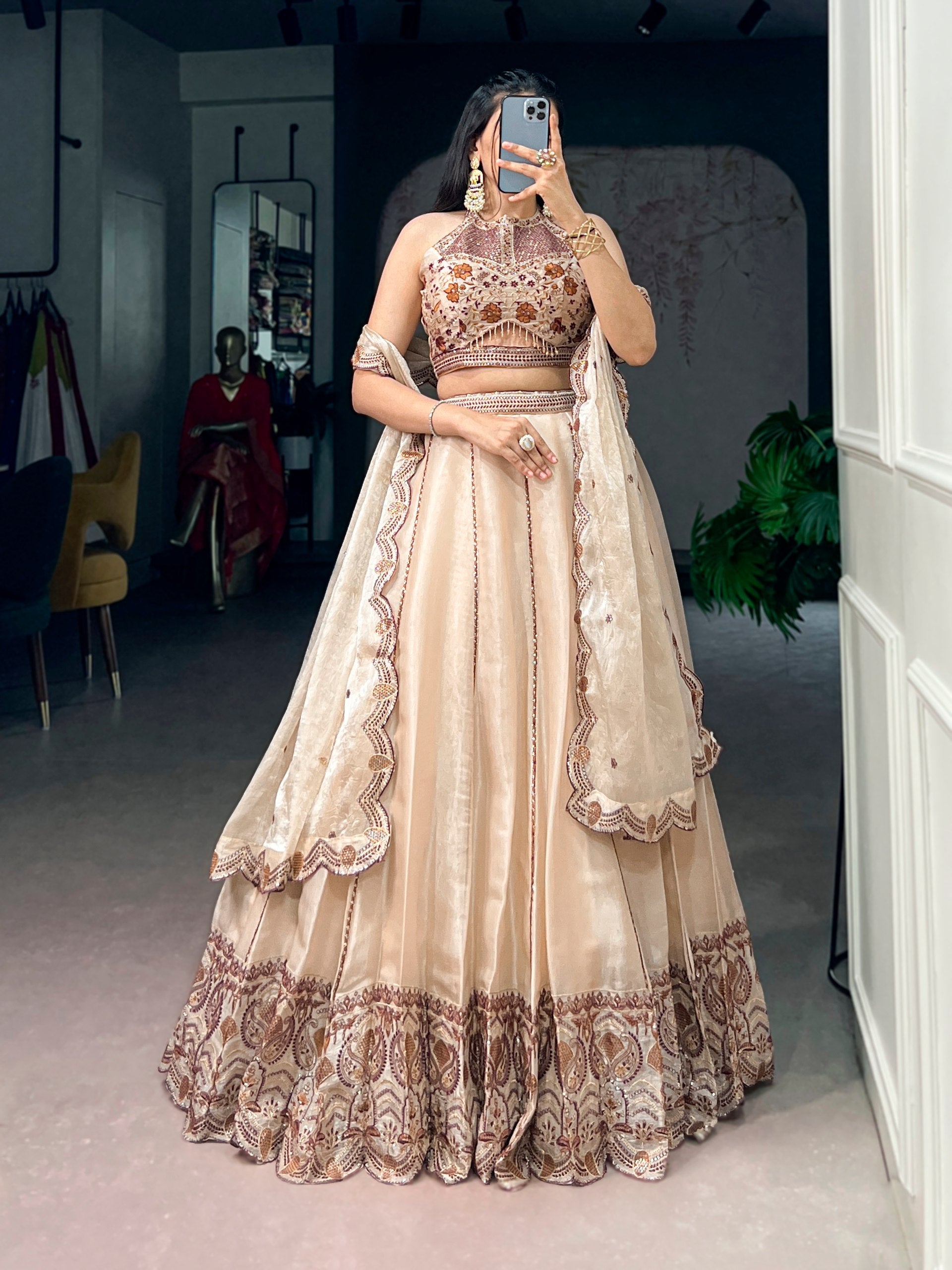 Beige Spider Crush Embroidered Lehenga Choli Set