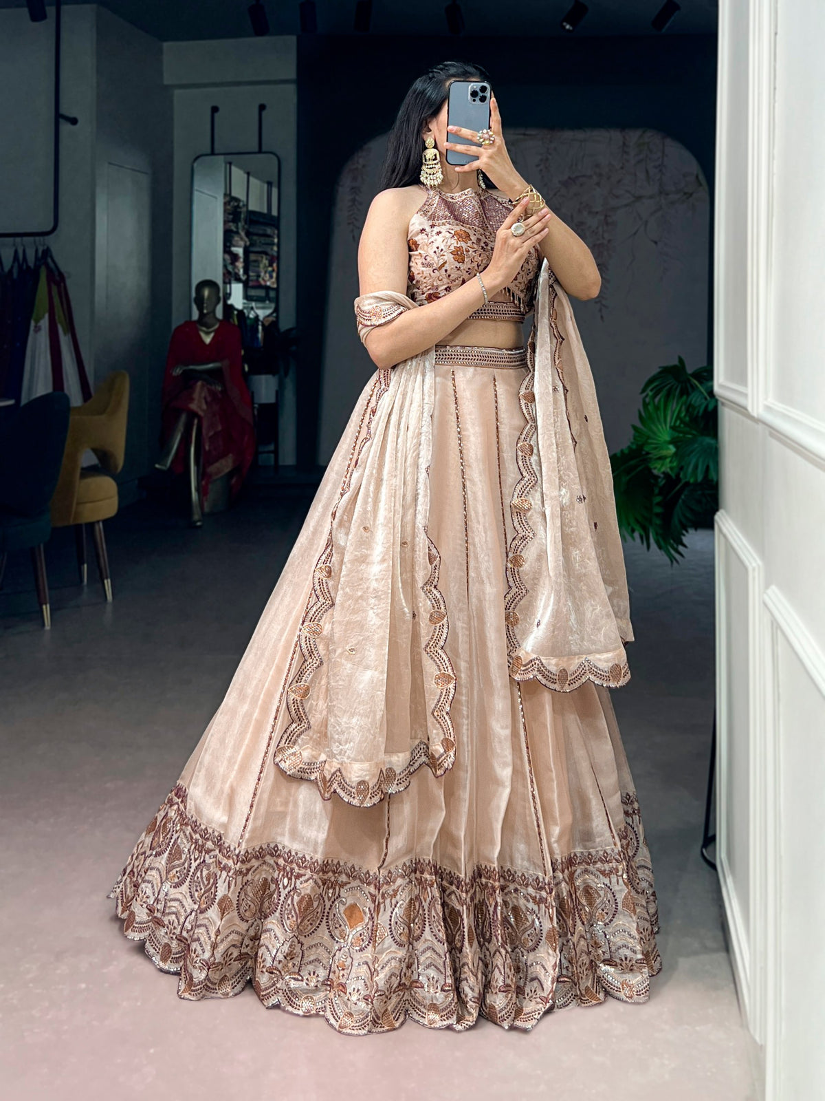 Beige Spider Crush Embroidered Lehenga Choli Set