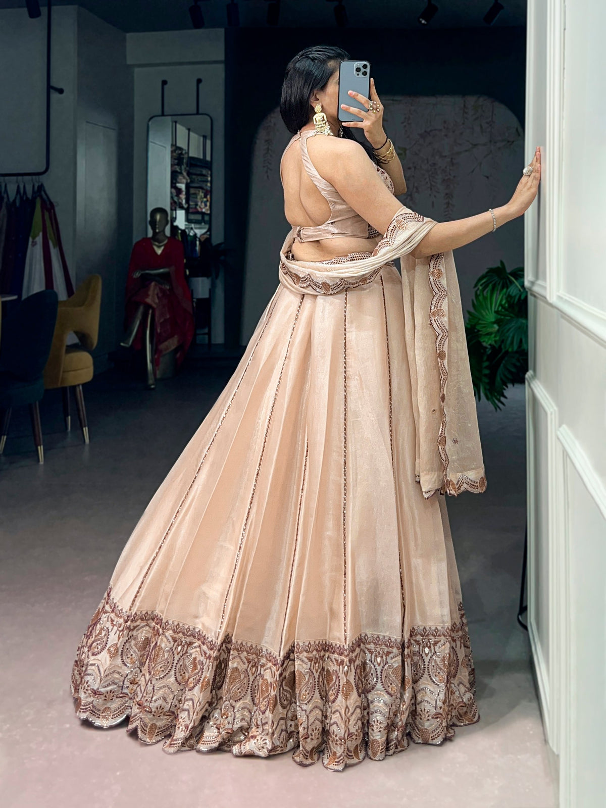 Beige Spider Crush Embroidered Lehenga Choli Set