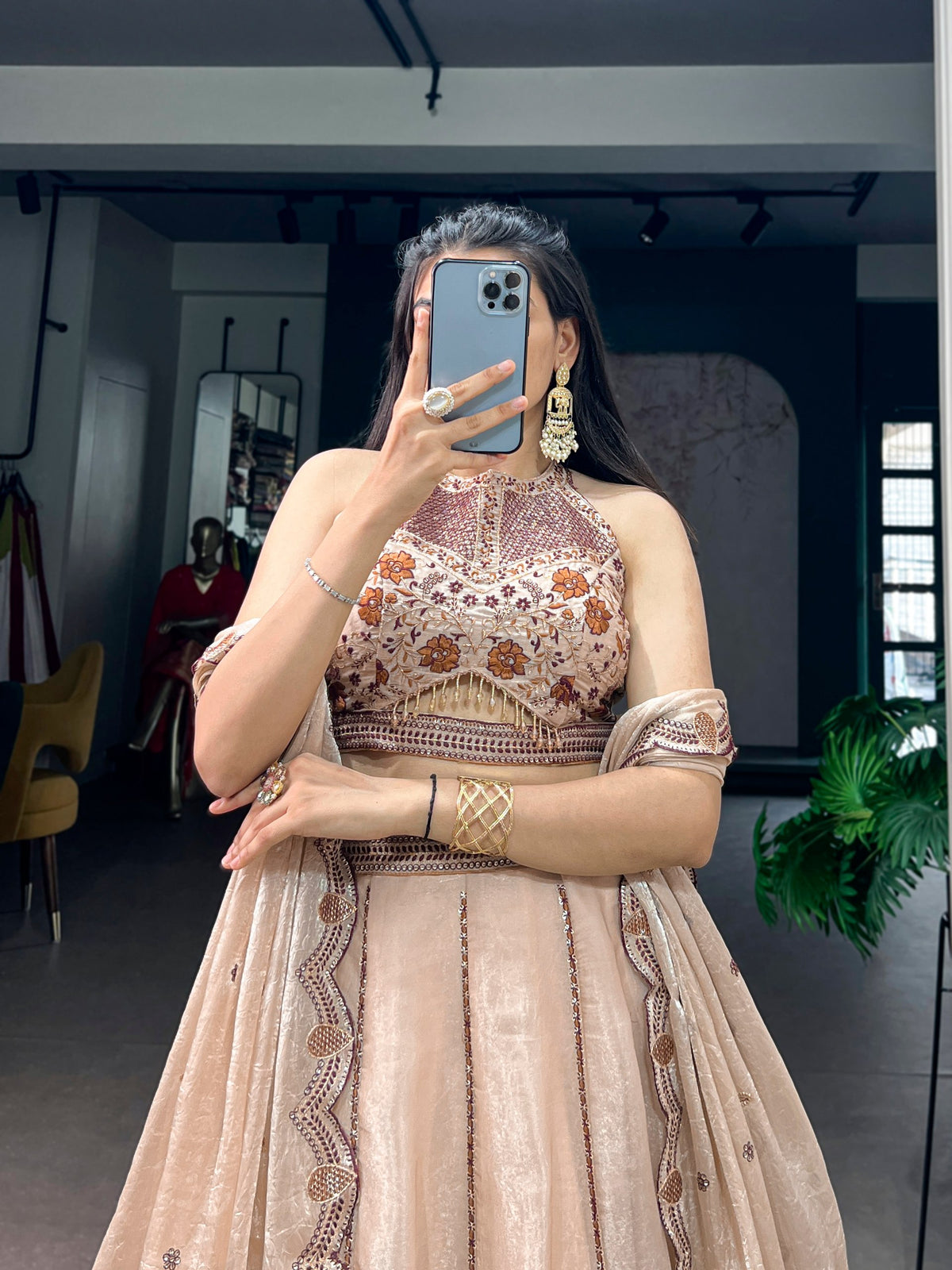 Beige Spider Crush Embroidered Lehenga Choli Set