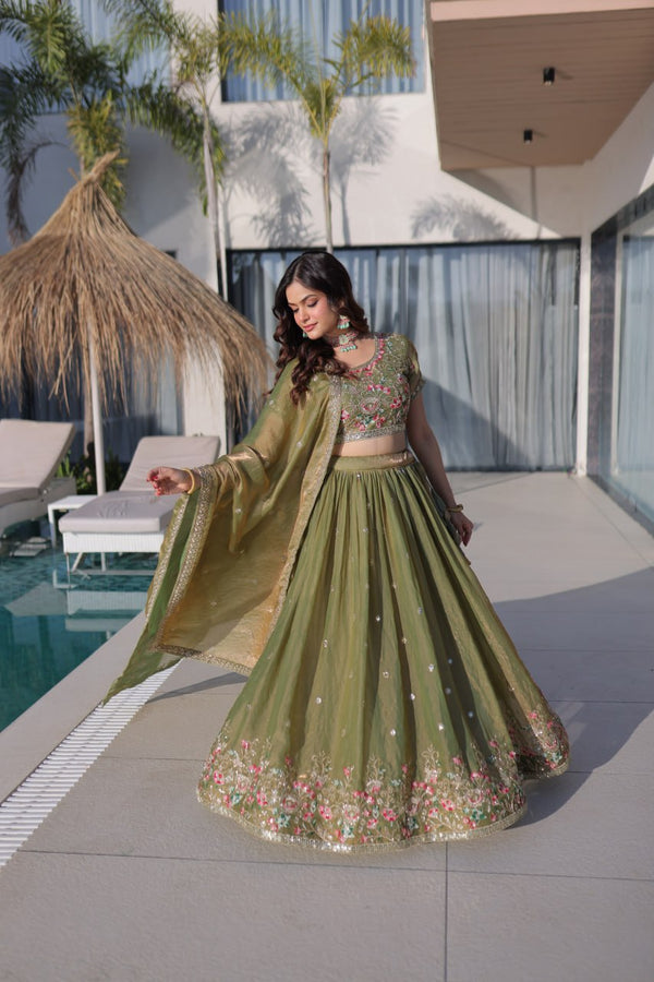 Pista Green Floral Multi-Thread Embroidered Fendi Silk Lehenga Choli Set
