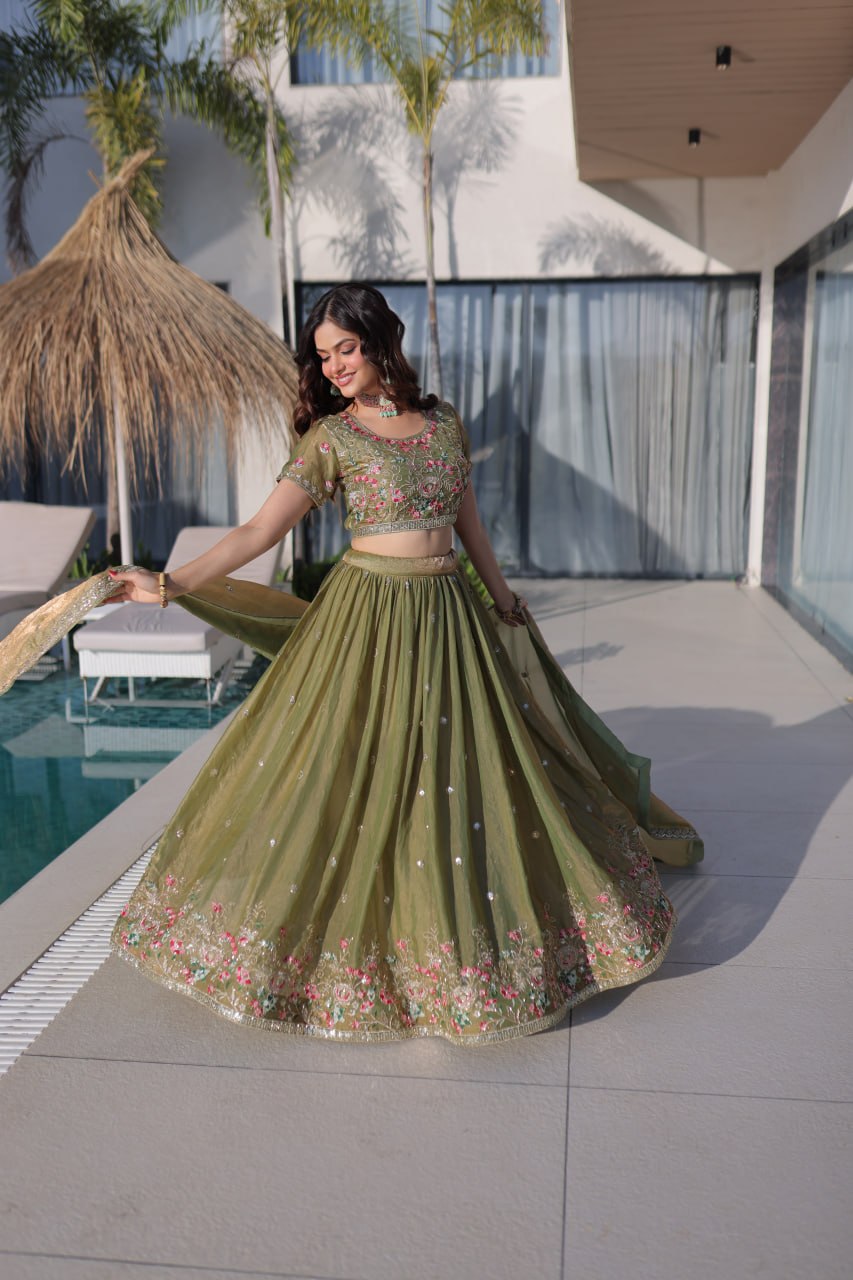 Pista Green Floral Multi-Thread Embroidered Fendi Silk Lehenga Choli Set