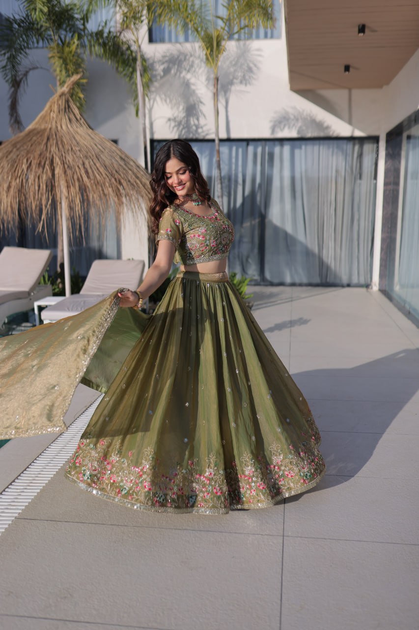 Pista Green Floral Multi-Thread Embroidered Fendi Silk Lehenga Choli Set