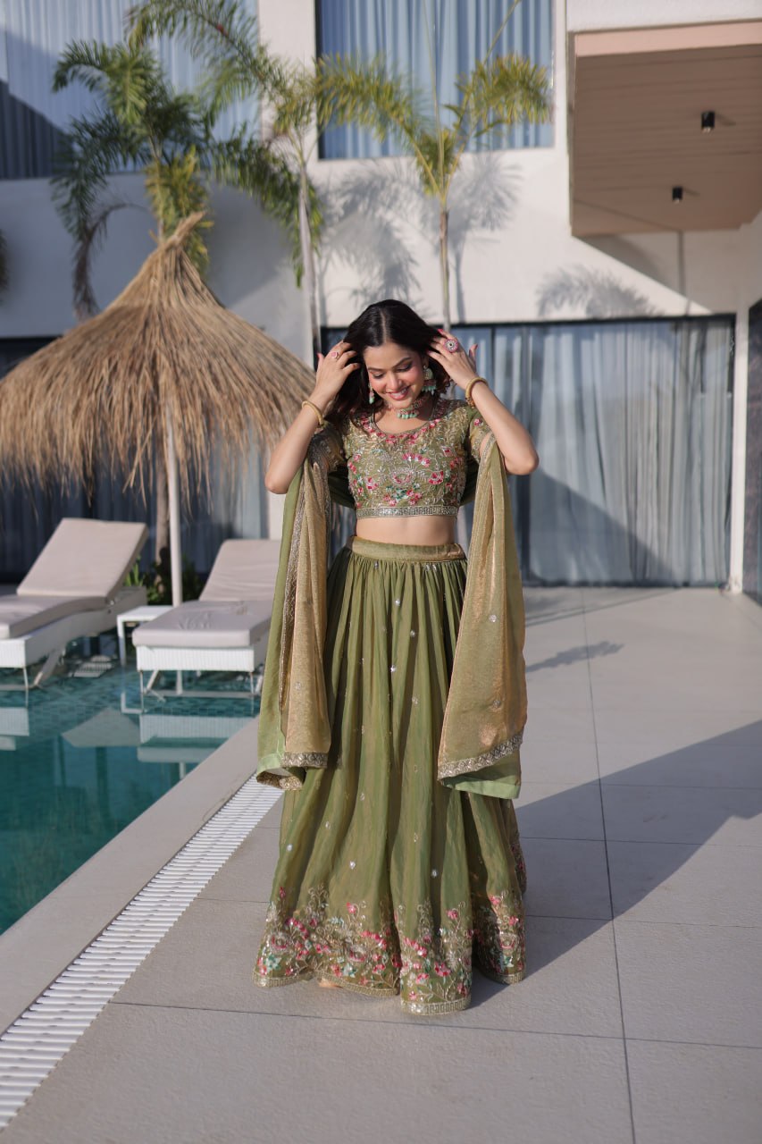 Pista Green Floral Multi-Thread Embroidered Fendi Silk Lehenga Choli Set