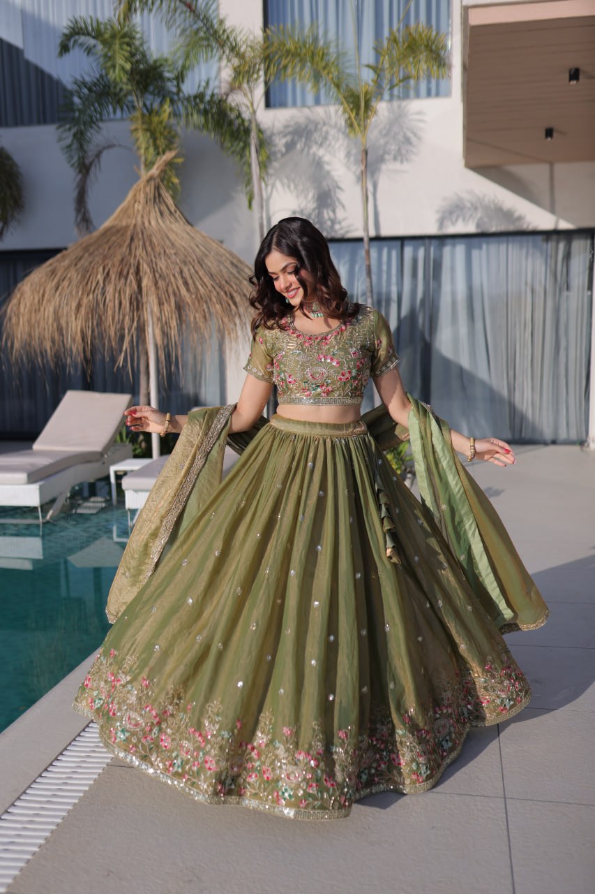 Pista Green Floral Multi-Thread Embroidered Fendi Silk Lehenga Choli Set