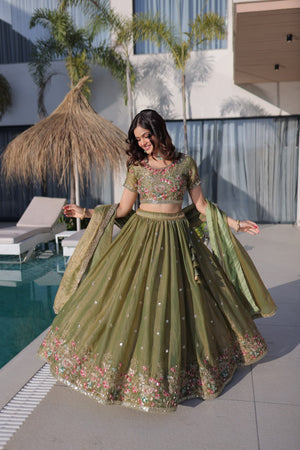 Pista Green Floral Multi-Thread Embroidered Fendi Silk Lehenga Choli Set