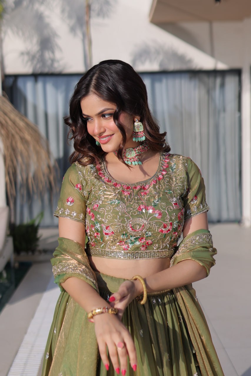 Pista Green Floral Multi-Thread Embroidered Fendi Silk Lehenga Choli Set