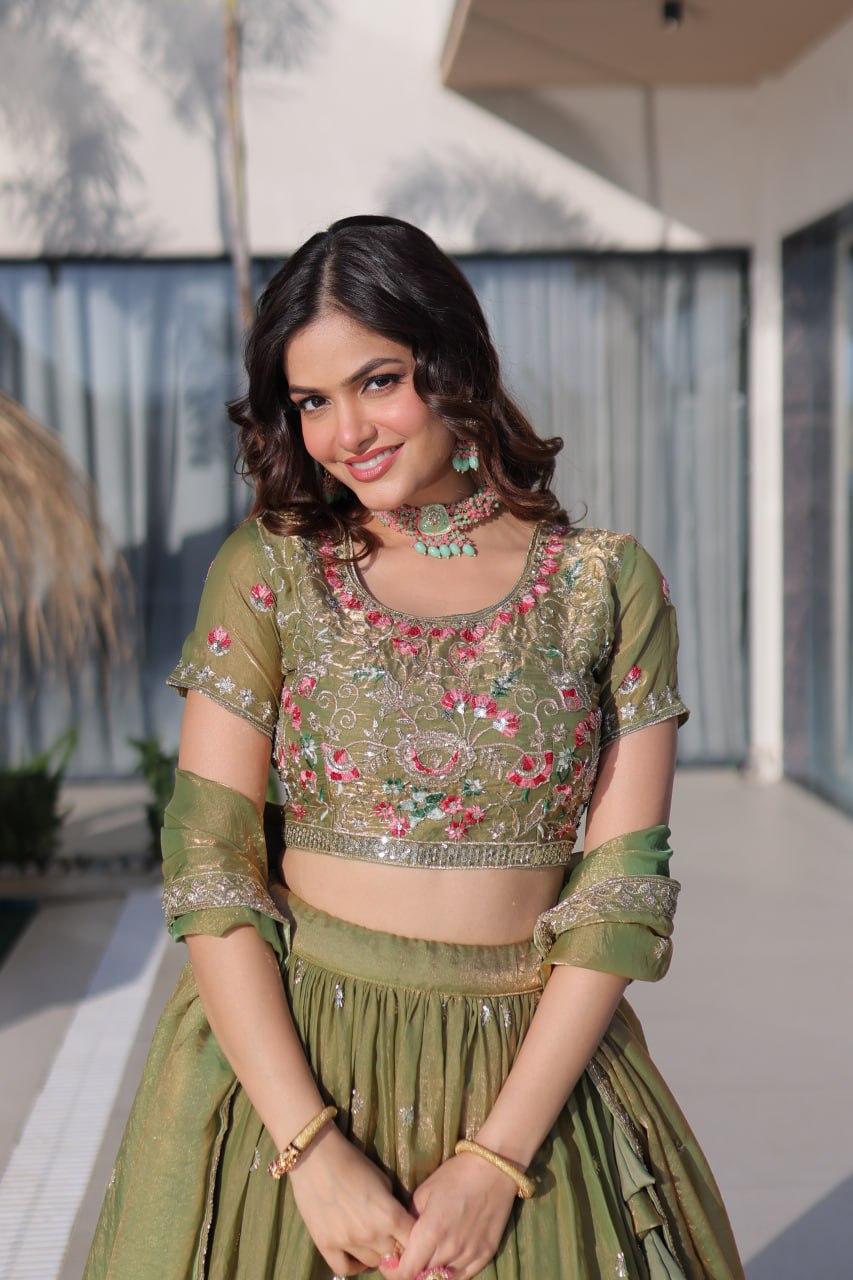 Pista Green Floral Multi-Thread Embroidered Fendi Silk Lehenga Choli Set