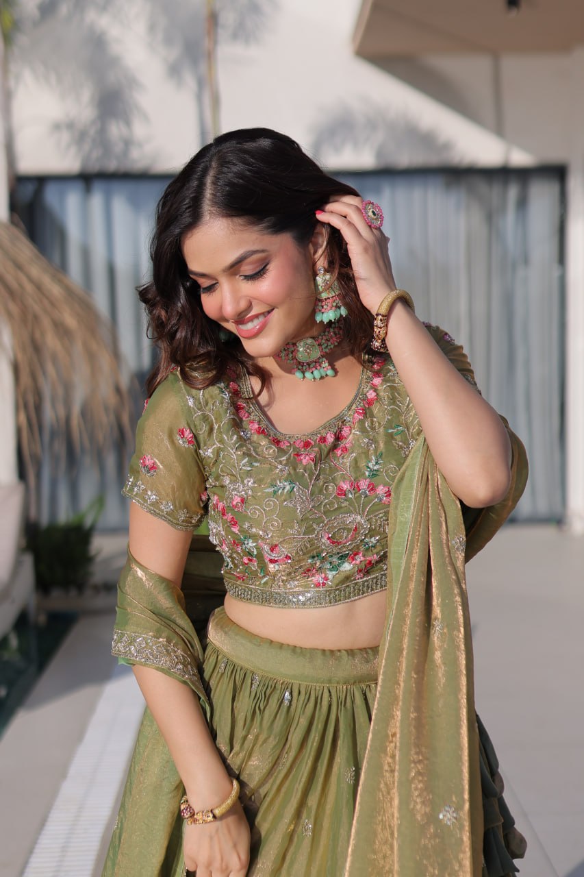 Pista Green Floral Multi-Thread Embroidered Fendi Silk Lehenga Choli Set