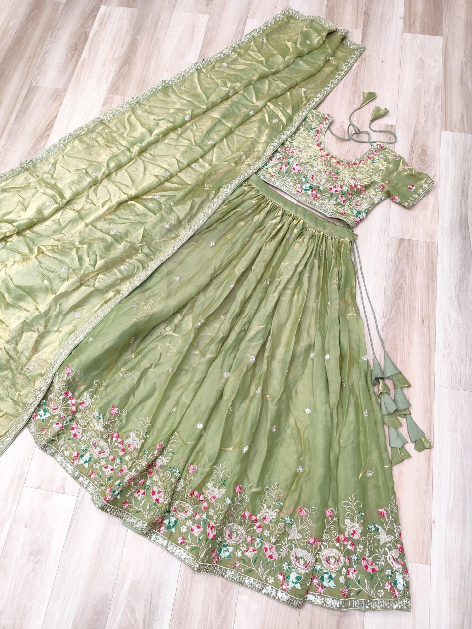 Pista Green Floral Multi-Thread Embroidered Fendi Silk Lehenga Choli Set