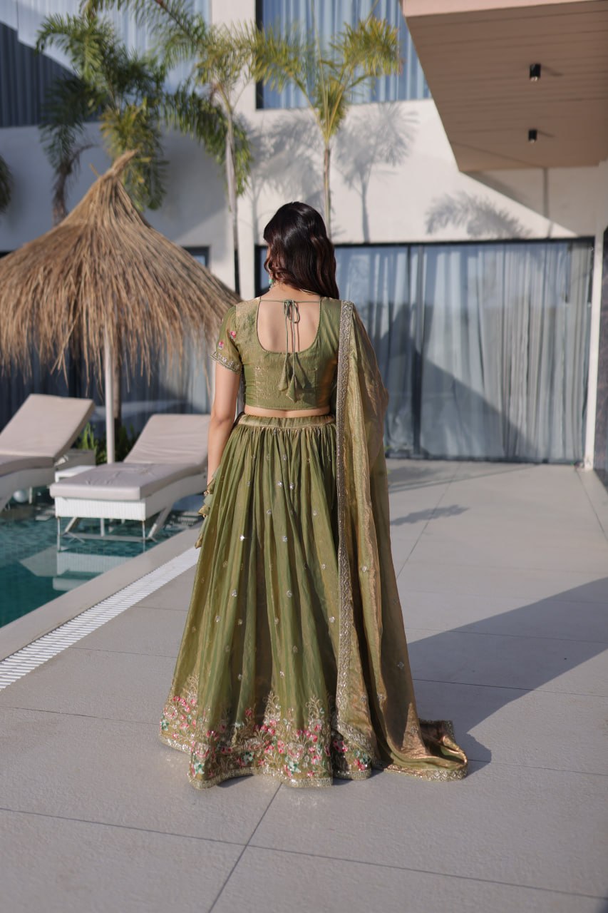 Pista Green Floral Multi-Thread Embroidered Fendi Silk Lehenga Choli Set