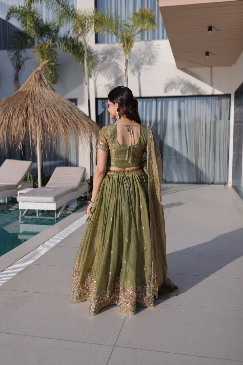 Pista Green Floral Multi-Thread Embroidered Fendi Silk Lehenga Choli Set