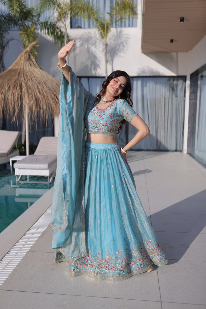 Sky Blue Floral Multi-Thread Embroidered Fendi Silk Lehenga Choli Set