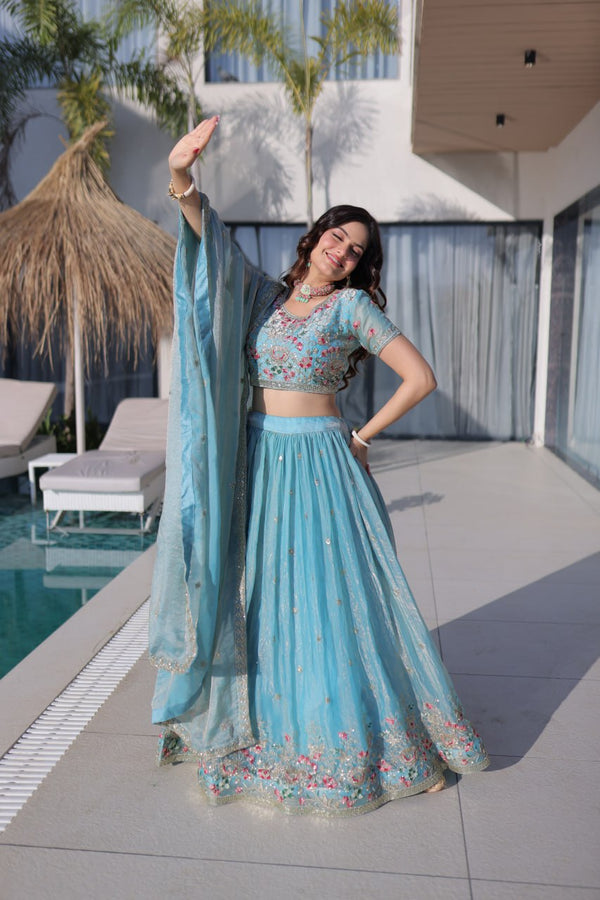 Sky Blue Floral Multi-Thread Embroidered Fendi Silk Lehenga Choli Set