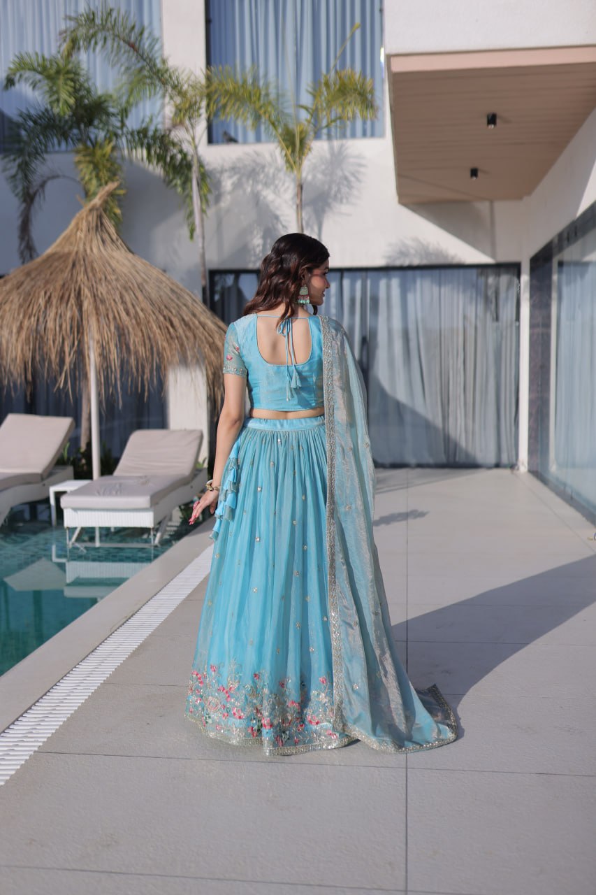 Sky Blue Floral Multi-Thread Embroidered Fendi Silk Lehenga Choli Set