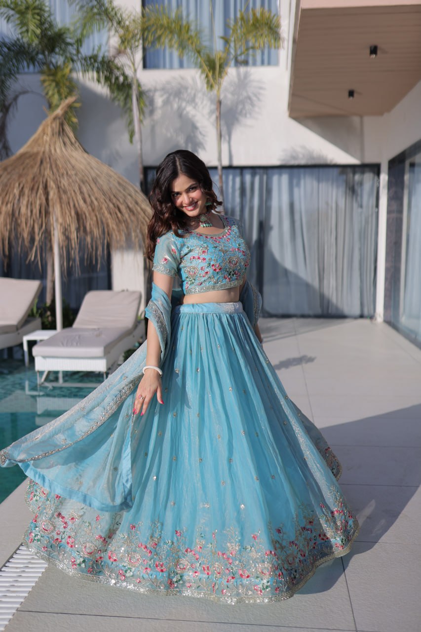 Sky Blue Floral Multi-Thread Embroidered Fendi Silk Lehenga Choli Set