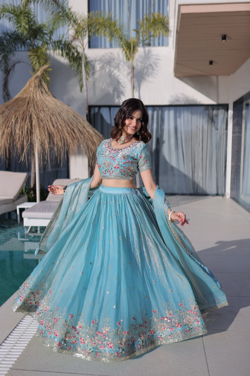 Sky Blue Floral Multi-Thread Embroidered Fendi Silk Lehenga Choli Set