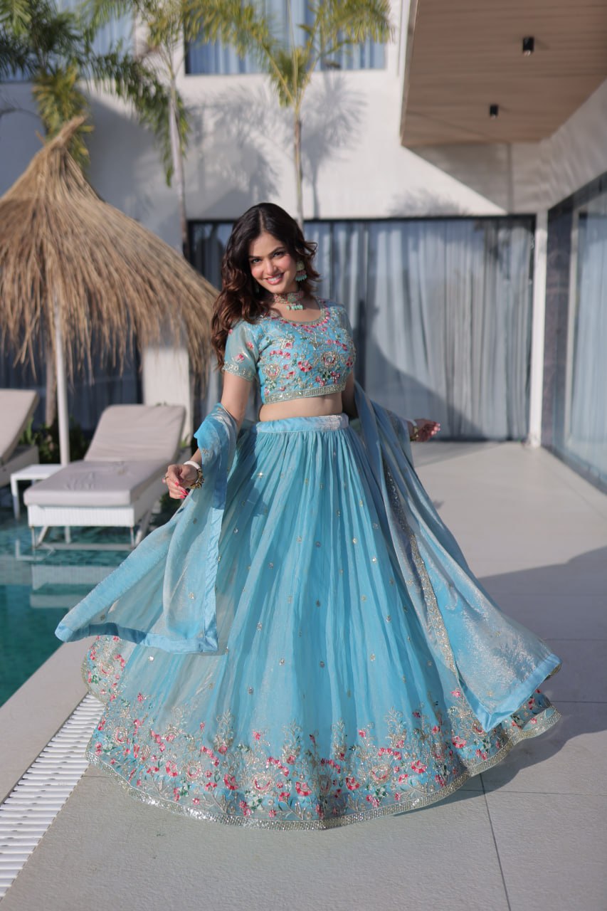 Sky Blue Floral Multi-Thread Embroidered Fendi Silk Lehenga Choli Set