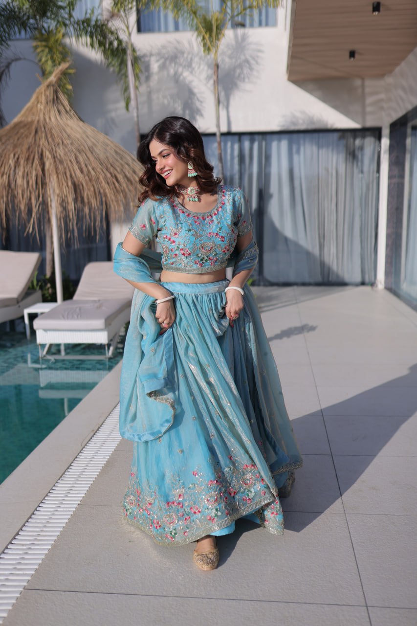 Sky Blue Floral Multi-Thread Embroidered Fendi Silk Lehenga Choli Set