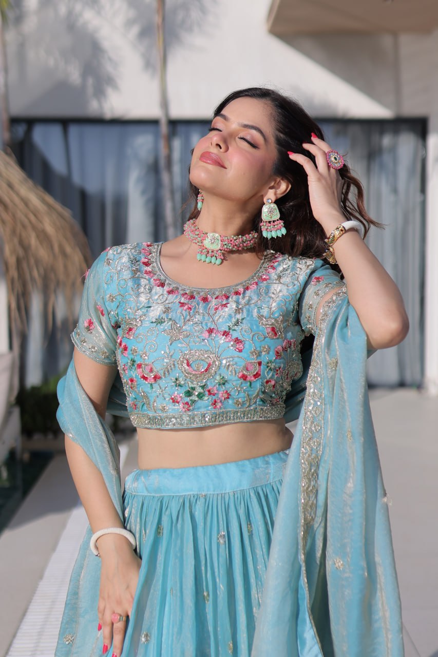 Sky Blue Floral Multi-Thread Embroidered Fendi Silk Lehenga Choli Set