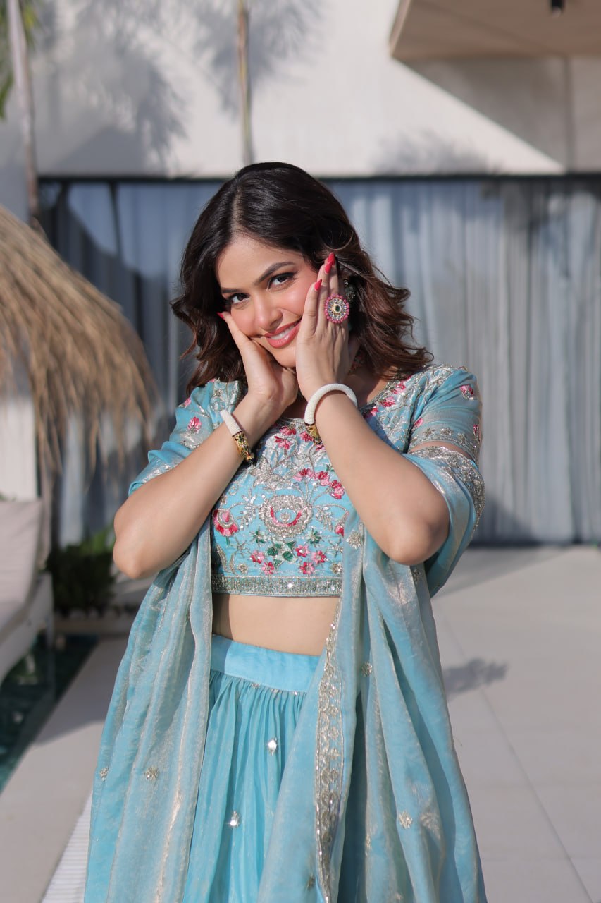 Sky Blue Floral Multi-Thread Embroidered Fendi Silk Lehenga Choli Set