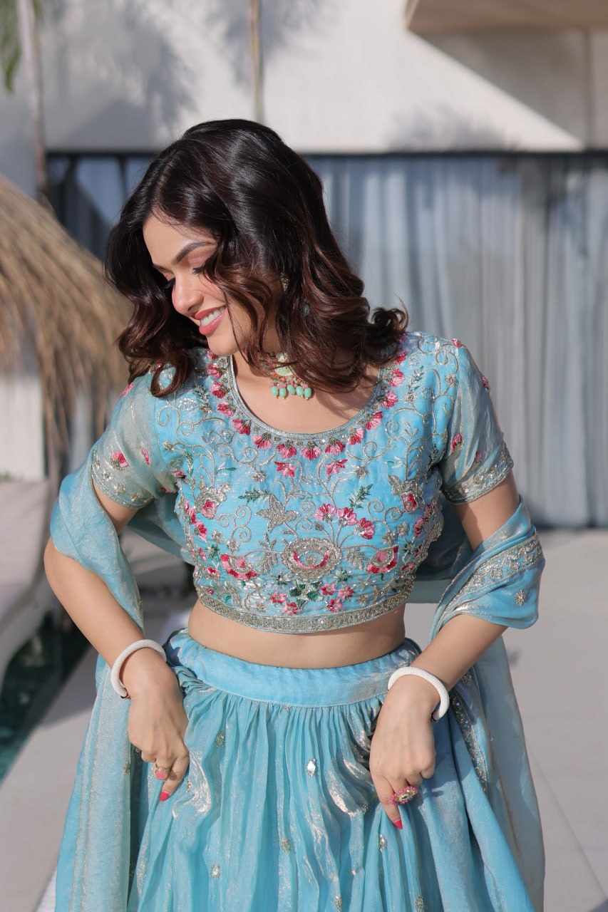 Sky Blue Floral Multi-Thread Embroidered Fendi Silk Lehenga Choli Set