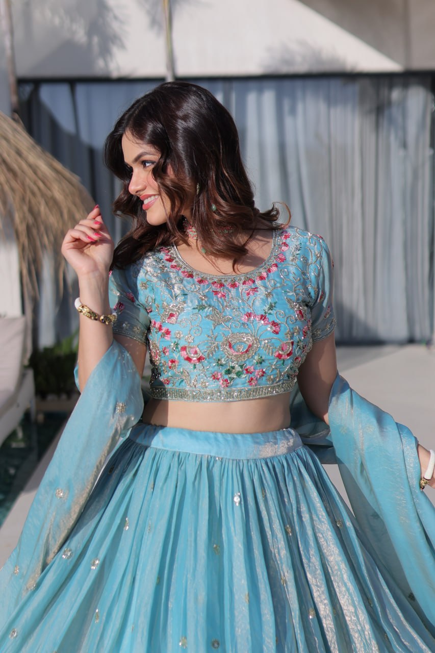 Sky Blue Floral Multi-Thread Embroidered Fendi Silk Lehenga Choli Set