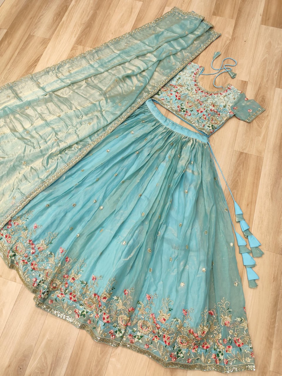 Sky Blue Floral Multi-Thread Embroidered Fendi Silk Lehenga Choli Set