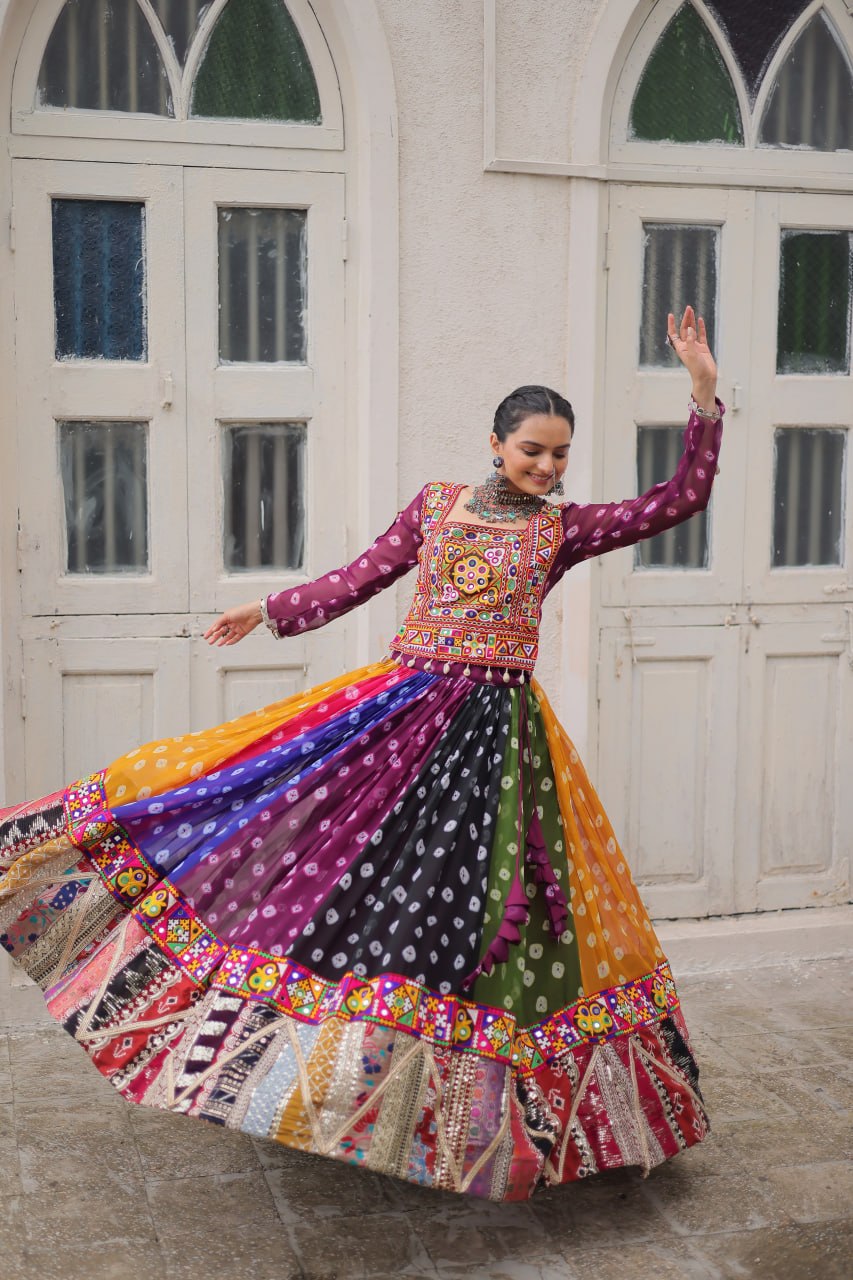 Multicolour Kutchi Gamthi Embroidered Navratri Lehenga Choli Set