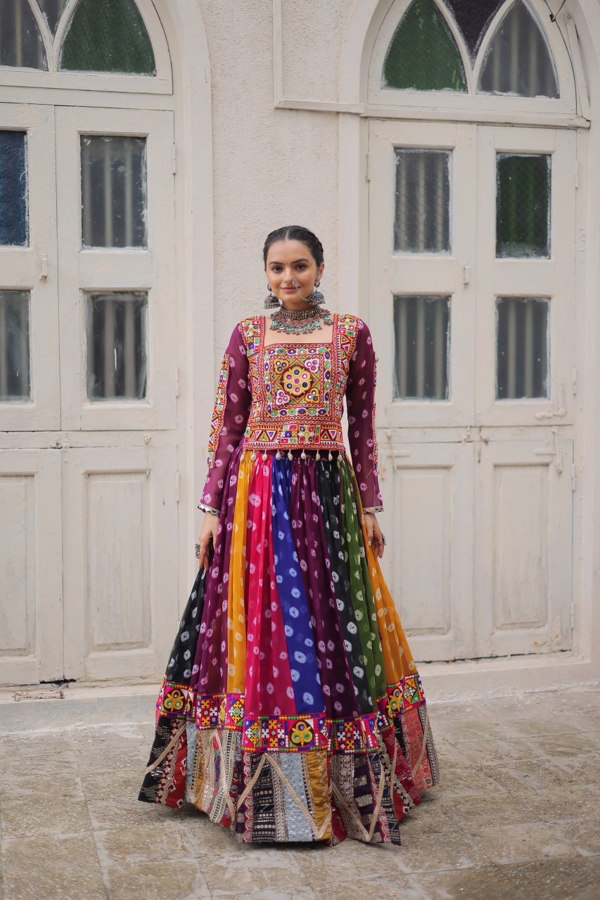 Multicolour Kutchi Gamthi Embroidered Navratri Lehenga Choli Set
