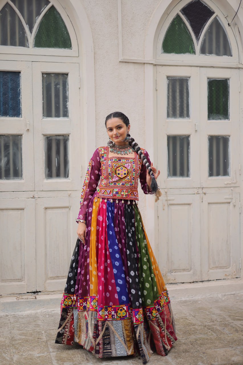 Multicolour Kutchi Gamthi Embroidered Navratri Lehenga Choli Set