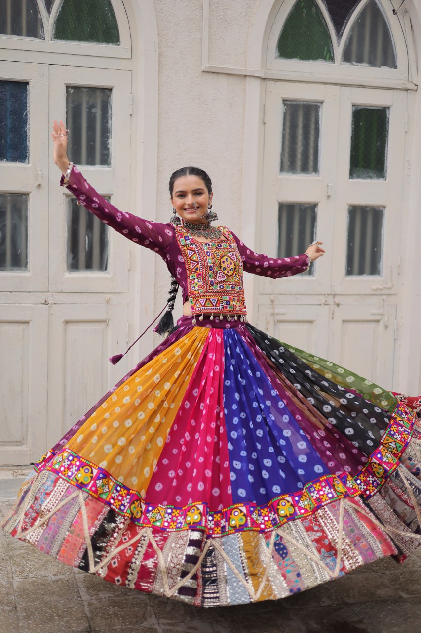 Multicolour Kutchi Gamthi Embroidered Navratri Lehenga Choli Set
