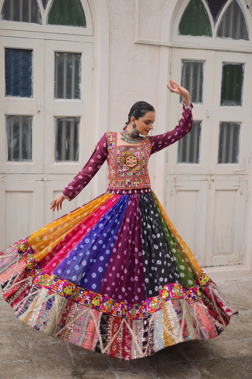 Multicolour Kutchi Gamthi Embroidered Navratri Lehenga Choli Set