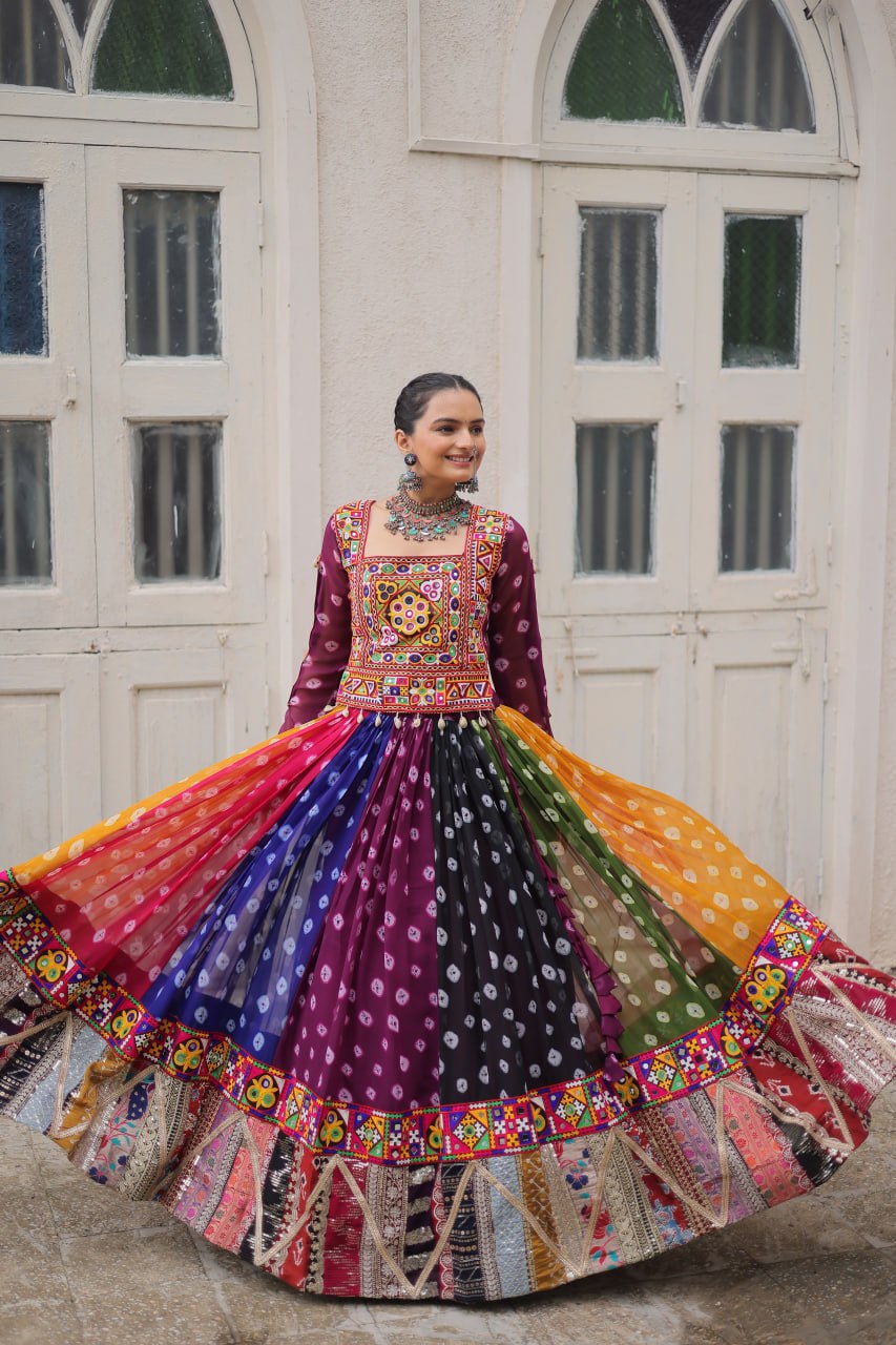 Multicolour Kutchi Gamthi Embroidered Navratri Lehenga Choli Set