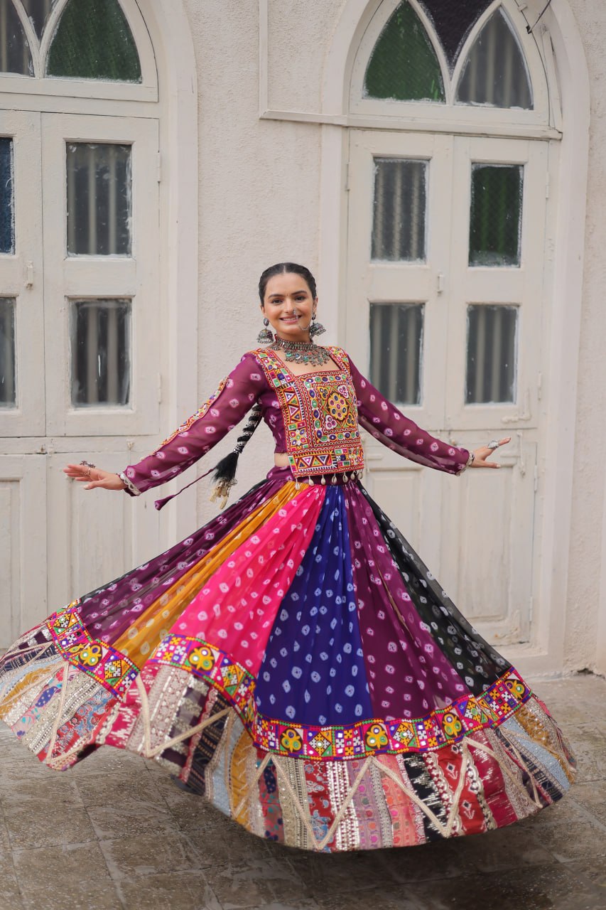 Multicolour Kutchi Gamthi Embroidered Navratri Lehenga Choli Set