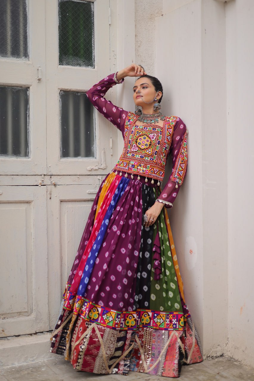 Multicolour Kutchi Gamthi Embroidered Navratri Lehenga Choli Set