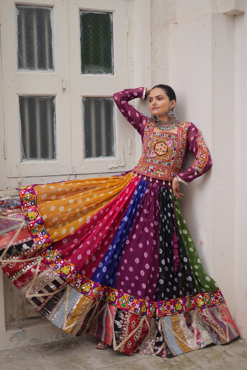 Multicolour Kutchi Gamthi Embroidered Navratri Lehenga Choli Set