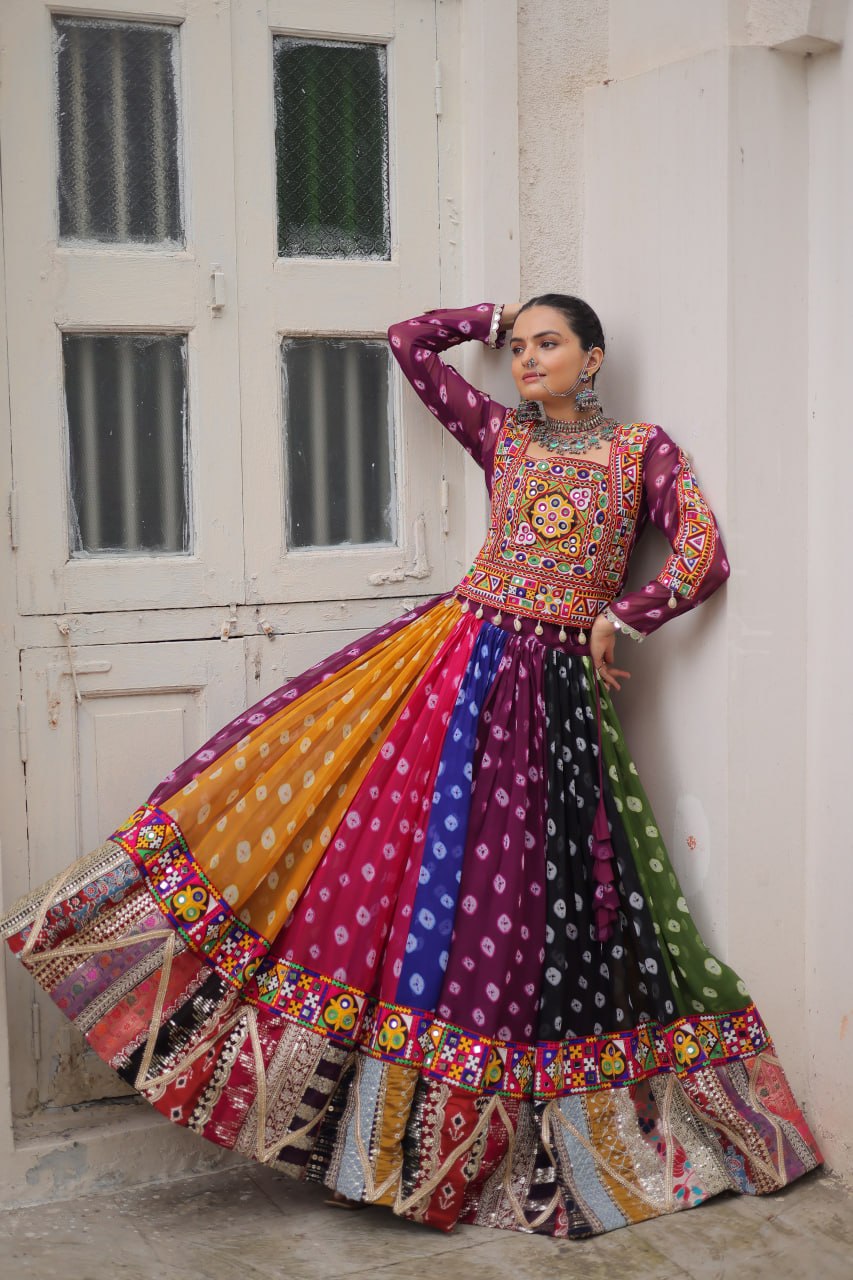 Multicolour Kutchi Gamthi Embroidered Navratri Lehenga Choli Set