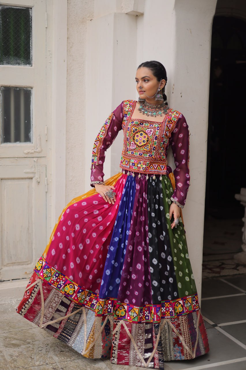 Multicolour Kutchi Gamthi Embroidered Navratri Lehenga Choli Set