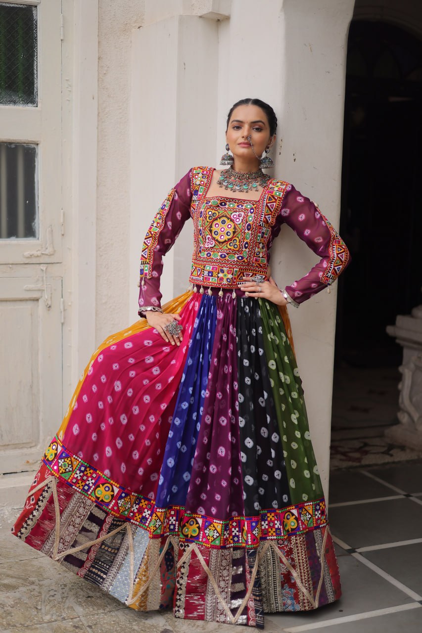 Multicolour Kutchi Gamthi Embroidered Navratri Lehenga Choli Set
