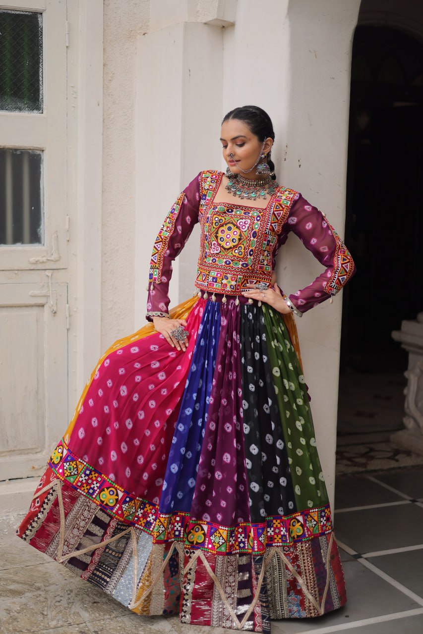 Multicolour Kutchi Gamthi Embroidered Navratri Lehenga Choli Set