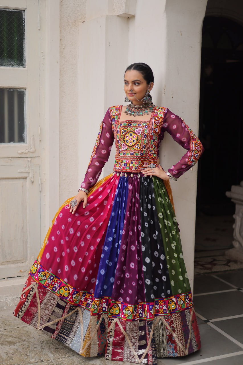 Multicolour Kutchi Gamthi Embroidered Navratri Lehenga Choli Set