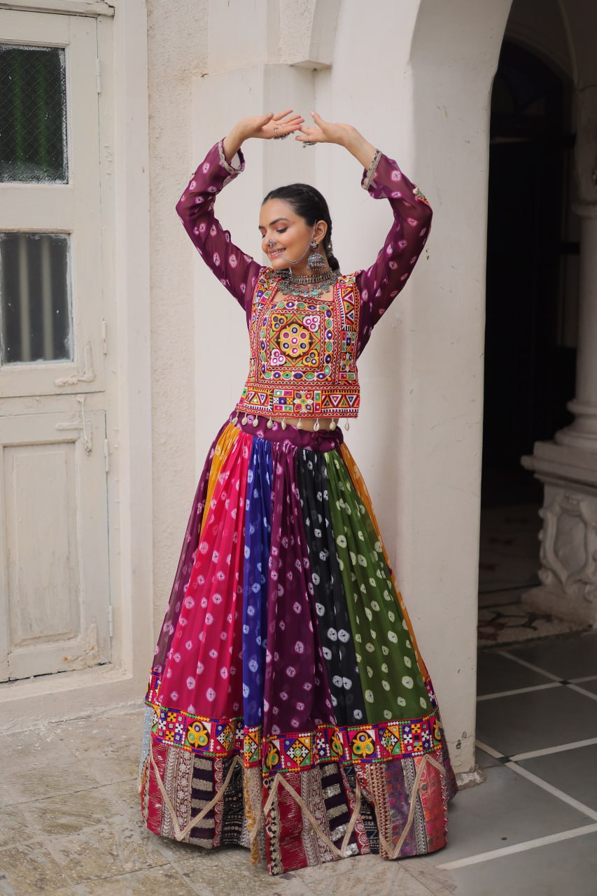Multicolour Kutchi Gamthi Embroidered Navratri Lehenga Choli Set